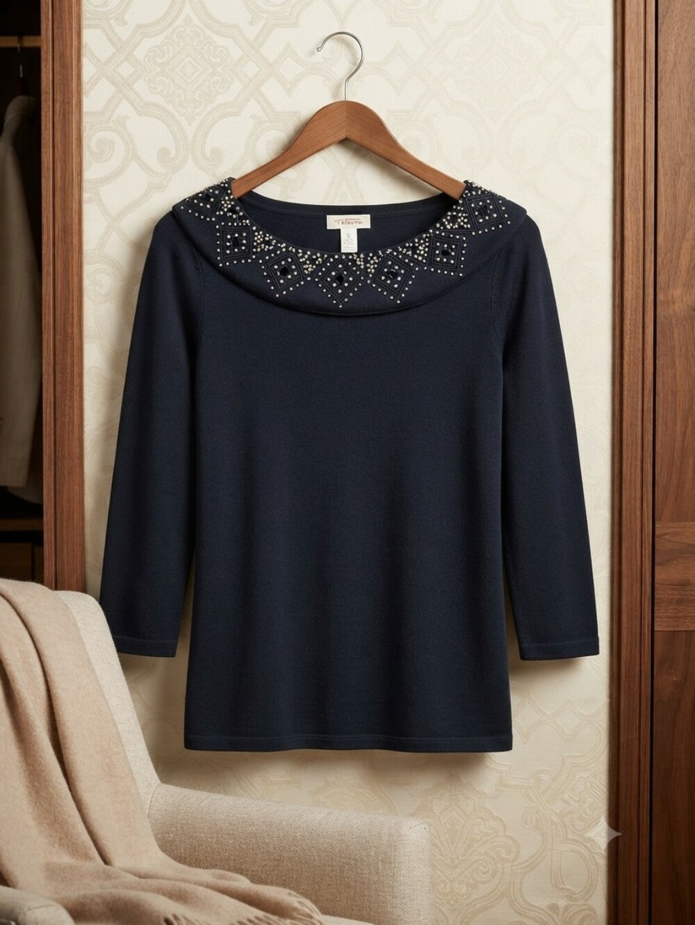 Rafaella Navy Embellished Collar 3/4 Sleeve Top